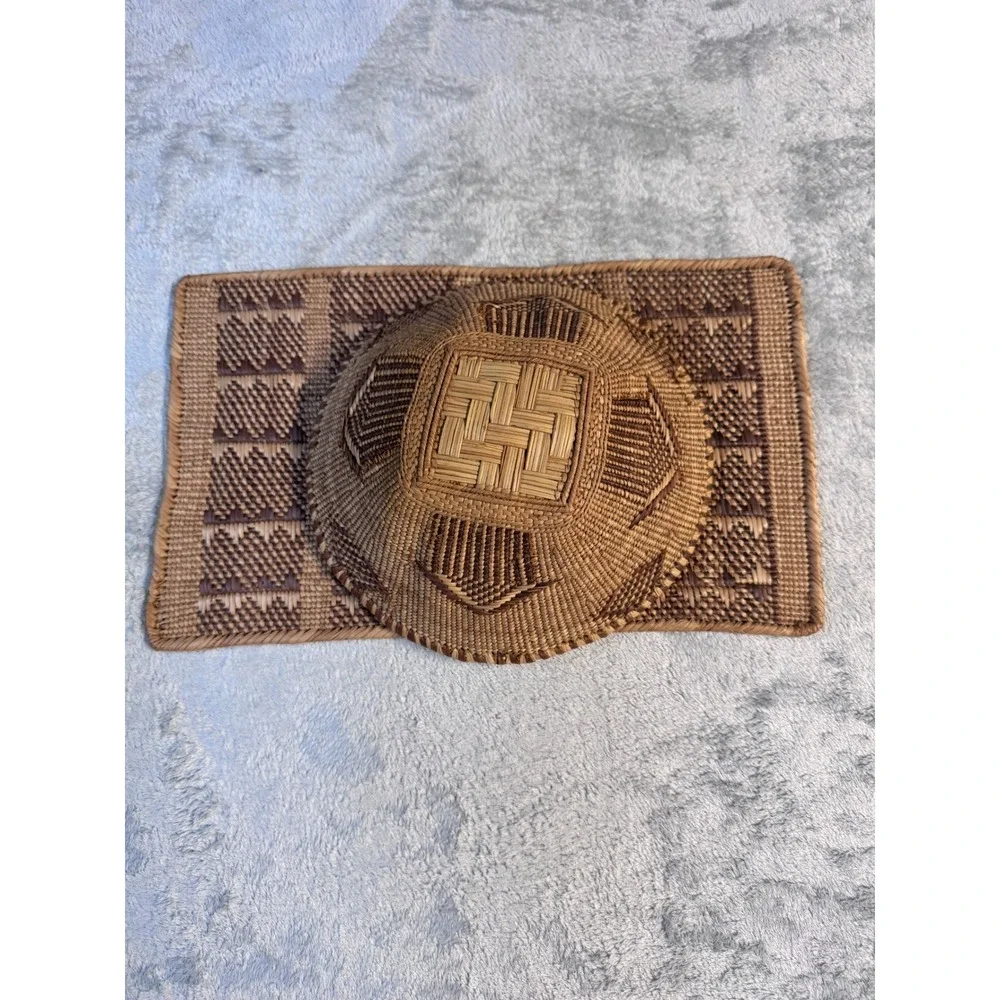 Hand Woven Basket and Mat Set Geometric Tribal Boho Decor Natural Fiber 2 Piece